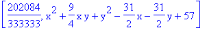 [202084/333333, x^2+9/4*x*y+y^2-31/2*x-31/2*y+57]